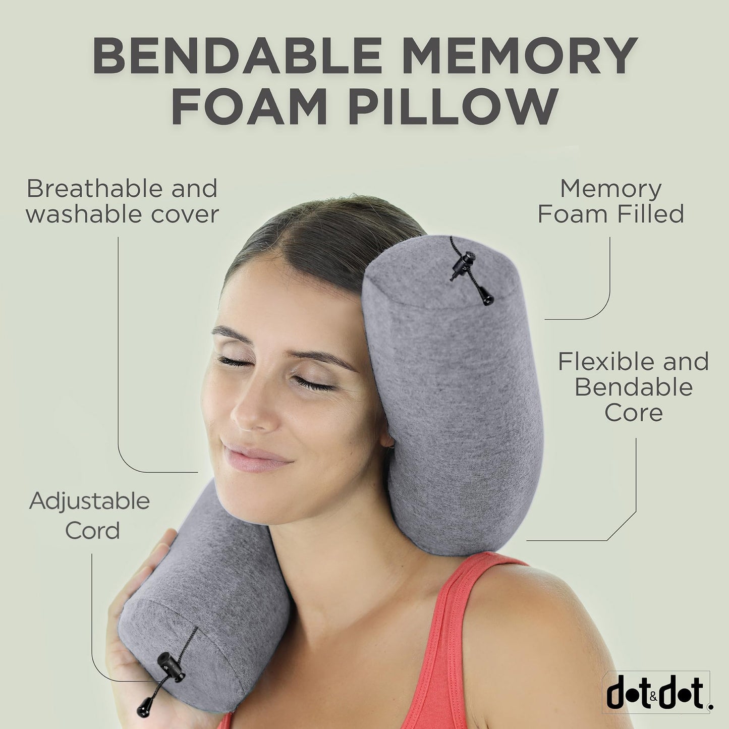 Dot&Dot Twist Memory Foam Travel Pillow for Airplanes - Travel Neck Pillow for Sleeping - Airplane Pillow for Neck Support - Adjustable, Bendable Neck Roll Pillow