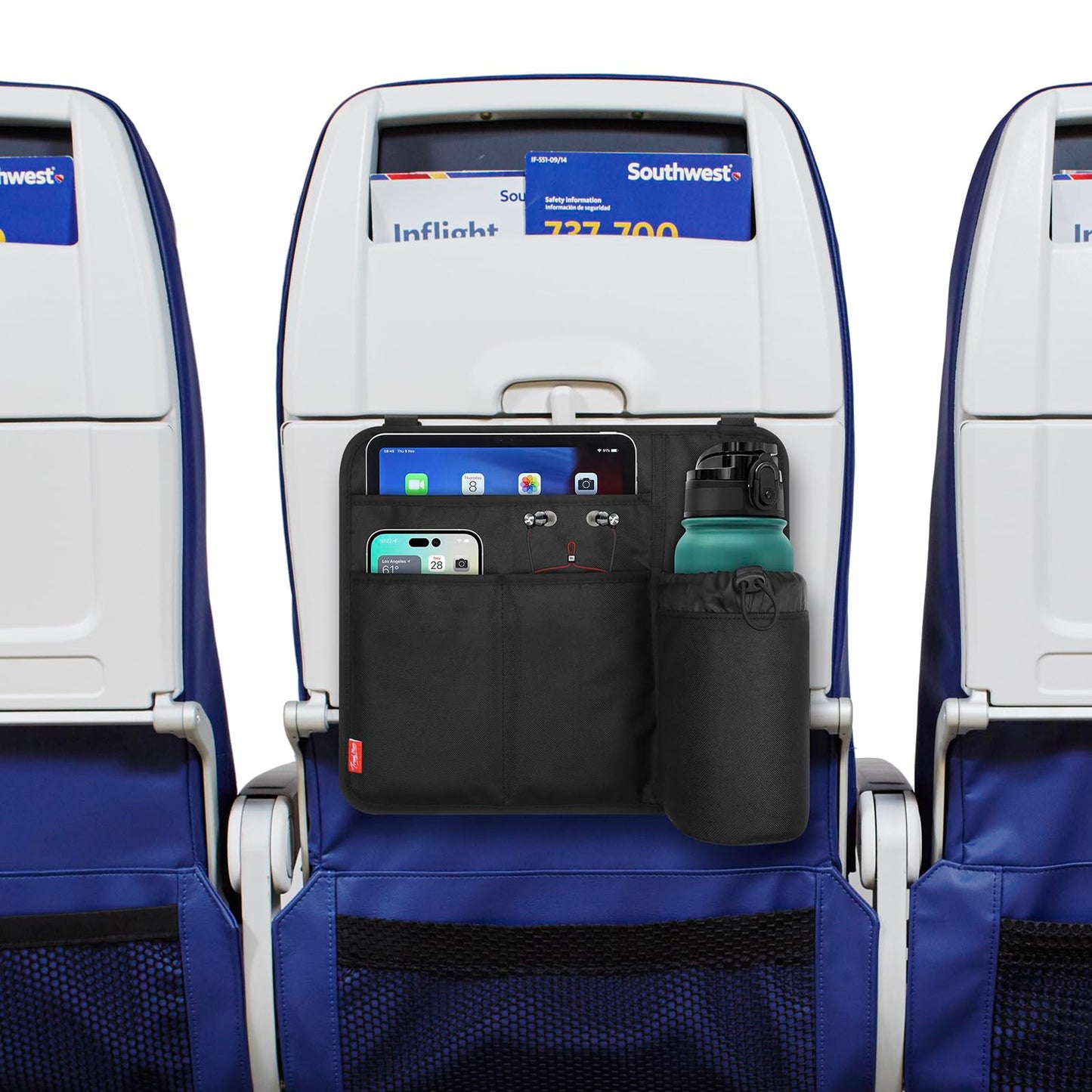 Airplane Seat Back Organizer with Hygienic Tray Table Cover (Black)