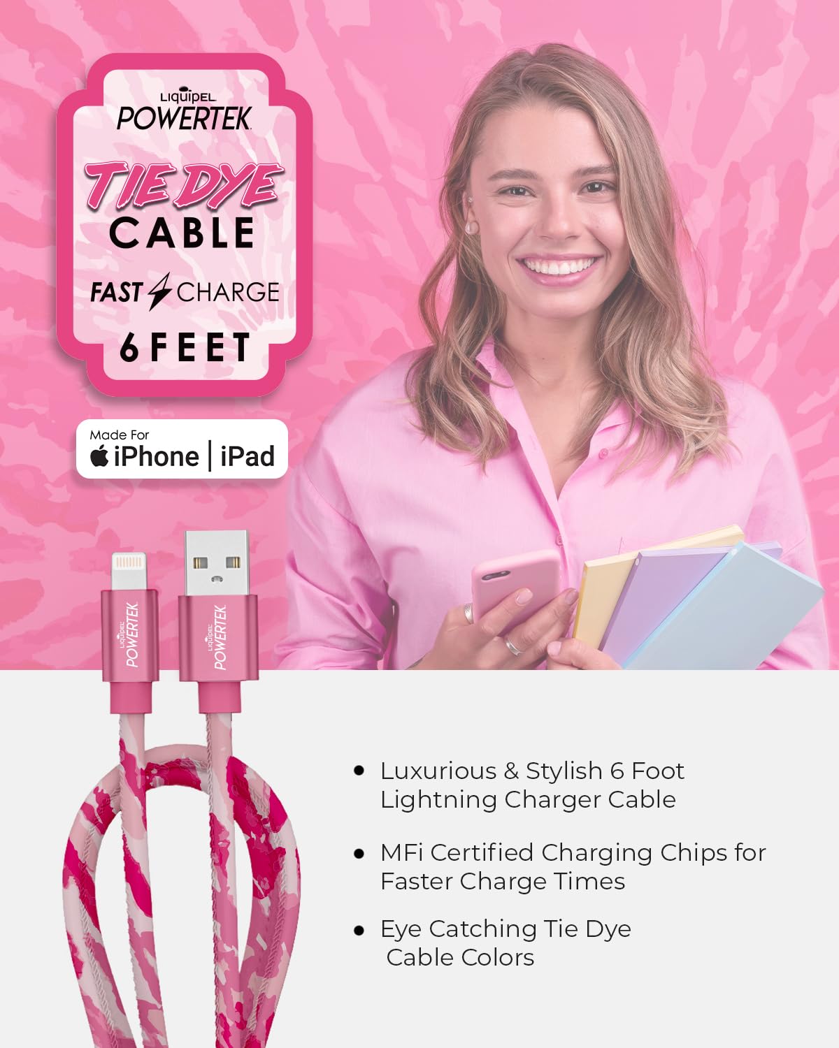 LIQUIPEL Powertek iPad & iPhone Lightning Charger Cable, Fast Charging 6ft MFI, Tie Dye Black (Pink)