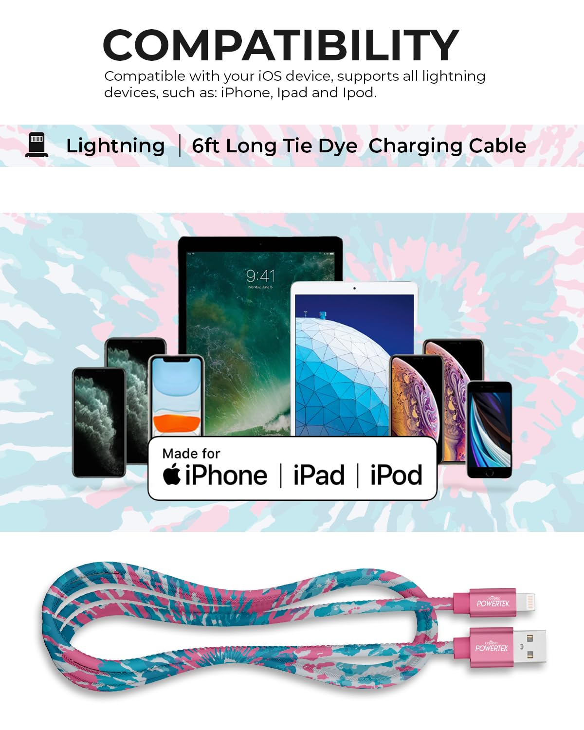 LIQUIPEL Powertek iPad & iPhone Lightning Charger Cable, Fast Charging 6ft MFI, Tie Dye Black (Teal Pink)