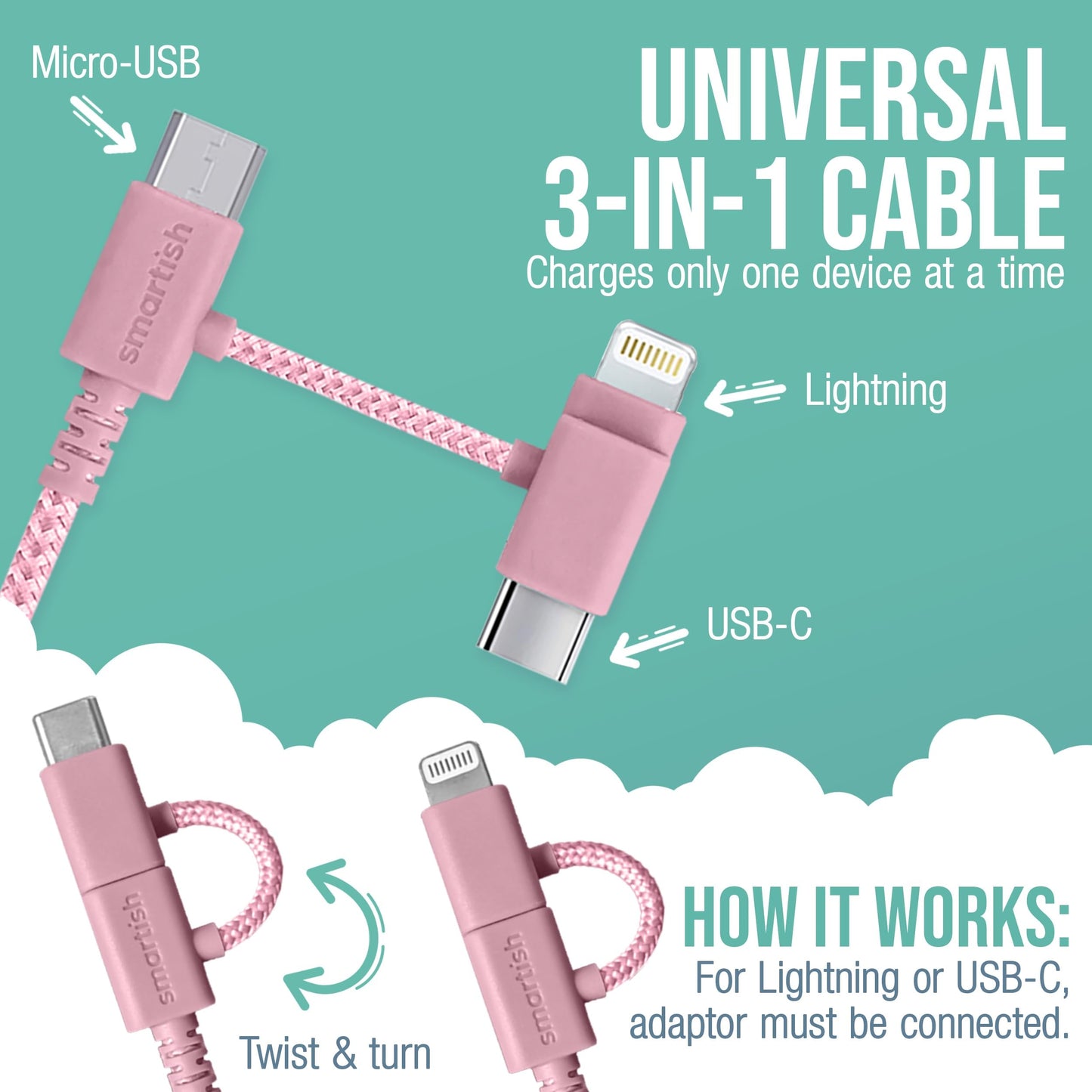 Smartish USB-C/Lightning Cable for iPhone 16/15/14 - Crown Joule - 6 Foot Universal Fast Fabric Wrapped Charging Cable w/Micro-USB - Apple MFi Certified for iPhone 13/12/SE/iPad/AirPods/Android - Pink