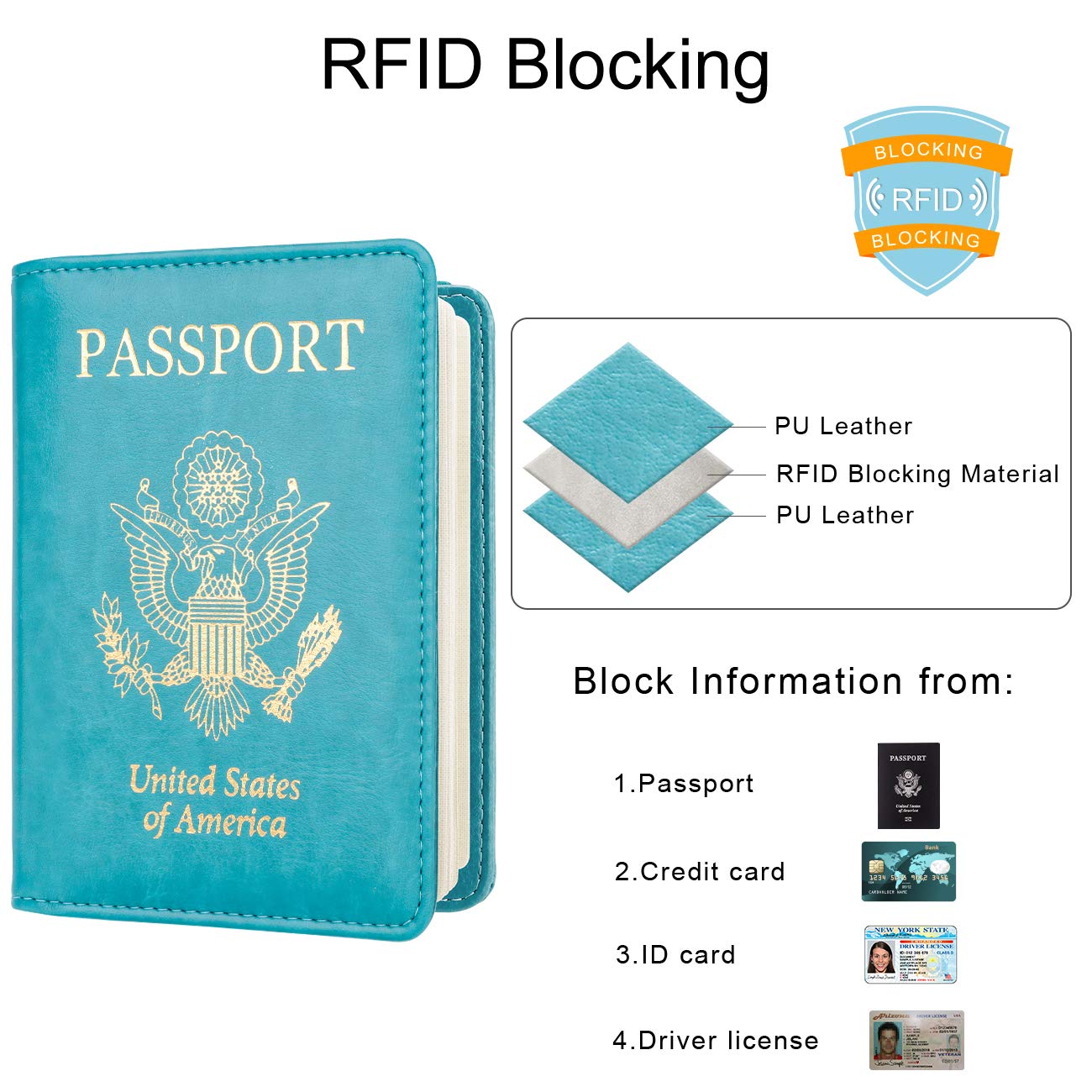 Travel Passport Wallet with RFID Shielding and Pen Slot (Turquoise Blue with Gold Text)