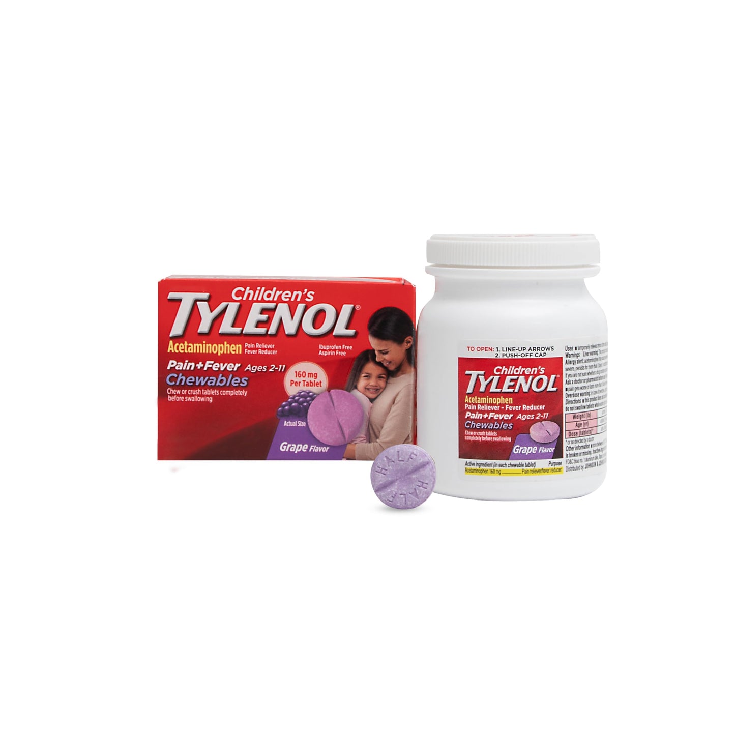 Tylenol Children's Chewables with 160 mg Acetaminophen, Pain Reliever & Fever Reducer for Kids' Cold + Flu Symptoms, Headache, Sore Throat & Toothache, Aspirin-Free, Grape Flavor, 24 ct