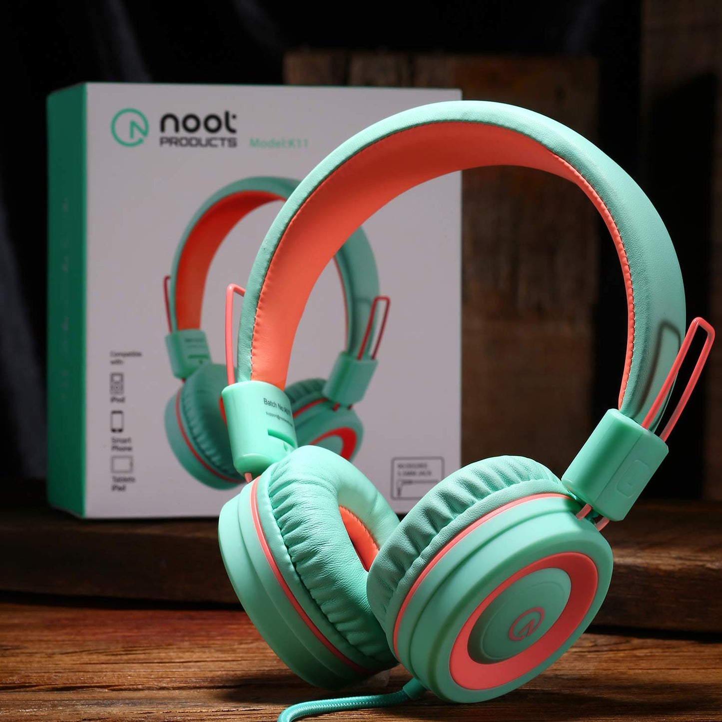 noot products Kids Headphones K11 Foldable Stereo Tangle-Free 5ft Long Cord 3.5mm Jack Plug in Wired On-Ear Headset for iPad/Amazon Kindle,Fire/Boys/Girls/School/Tablet/Laptop(Mint/Coral)