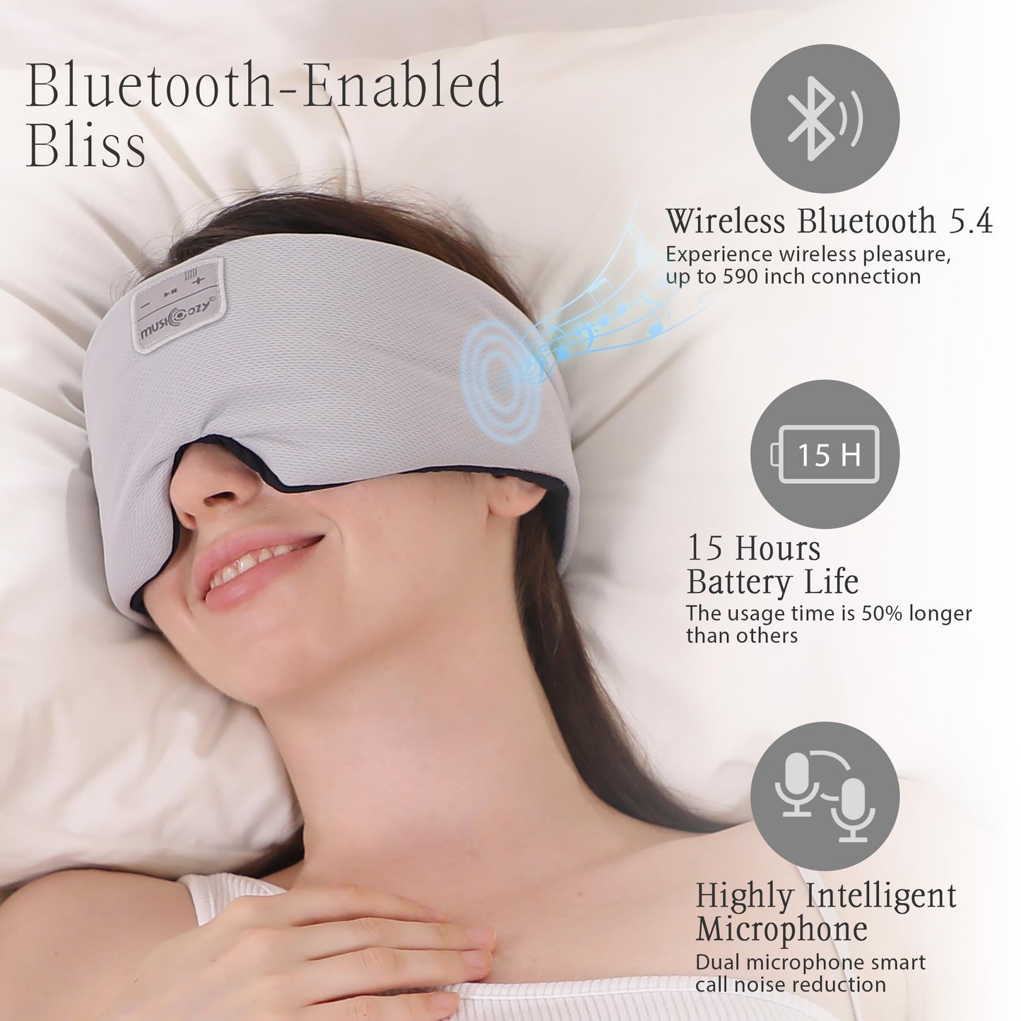 MUSICOZY Ice Silk Sleep Headphones with Bluetooth Mask, Eye Mask for Sleeping in Total Darkness, 5.4 Bluetooth Sleep Mask Sleep Headphones, Soft, Gifts for Men Women (Black)