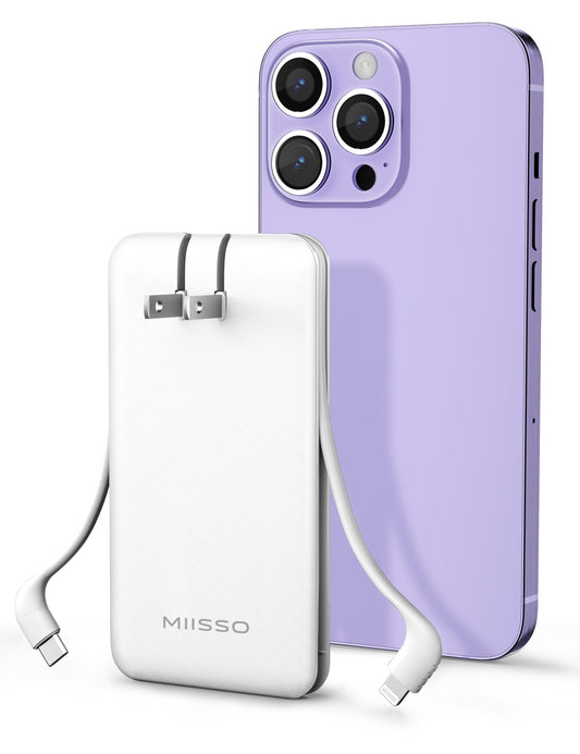 miisso Ultra Slim 10000mAh Power Bank Built-in Cables and Foldable AC Wall Plug, Pocket Size USB C Portable Charger, External Battery Pack Compatible with iPhone Samsung iPad etc, White