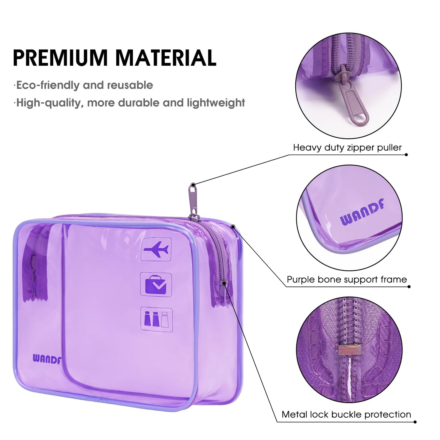 TSA Approved Clear Travel Toiletry Bag wih Zippers Carry-on Travel Accessories Quart Size Toiletries Cosmetic Pouch Makeup Bags for Men and Women Patent Pending (Purple)