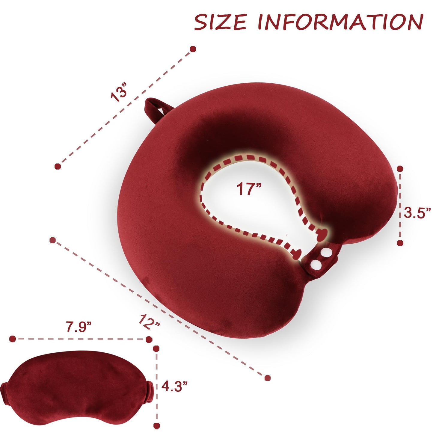 Pure Memory Foam Travel Pillow Set for Adults - Comfortable & Removable Machine Washable Cover, Neck Support Pillow Airplane Travel Kit with Eye Mask for Portable Plane Accessories -Wine Red