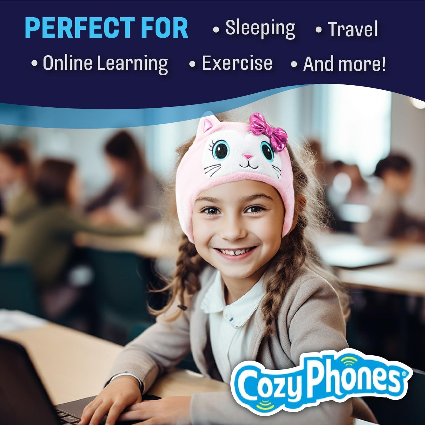 CozyPhones Over The Ear Headband Headphones - Kids Headphones Volume Limited with Thin Speakers & Super Soft Fleece Headband - Pink Kitty