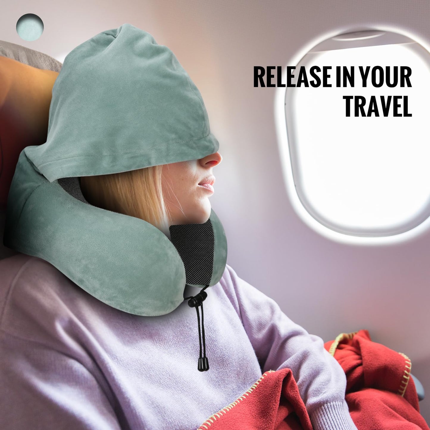 Cirorld Travel Pillow, Neck Pillow for Travel with Hood for Airplane, Velvet Memory Foam Neck Pillow Adult Head & Neck Support, for Long Flights Plane, Office, Cars Sleeping & Rest (Green)