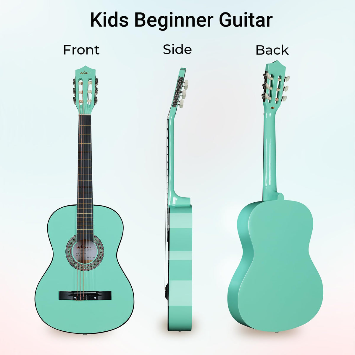 ADM Beginner Acoustic Classical Guitar 38 Inch Nylon Strings Wooden Guitar Bundle Kit for Kid Boy Girl Student Youth Guitarra Online Lessons with Gig Bag, Strap, Tuner, Strings, Cyan Green