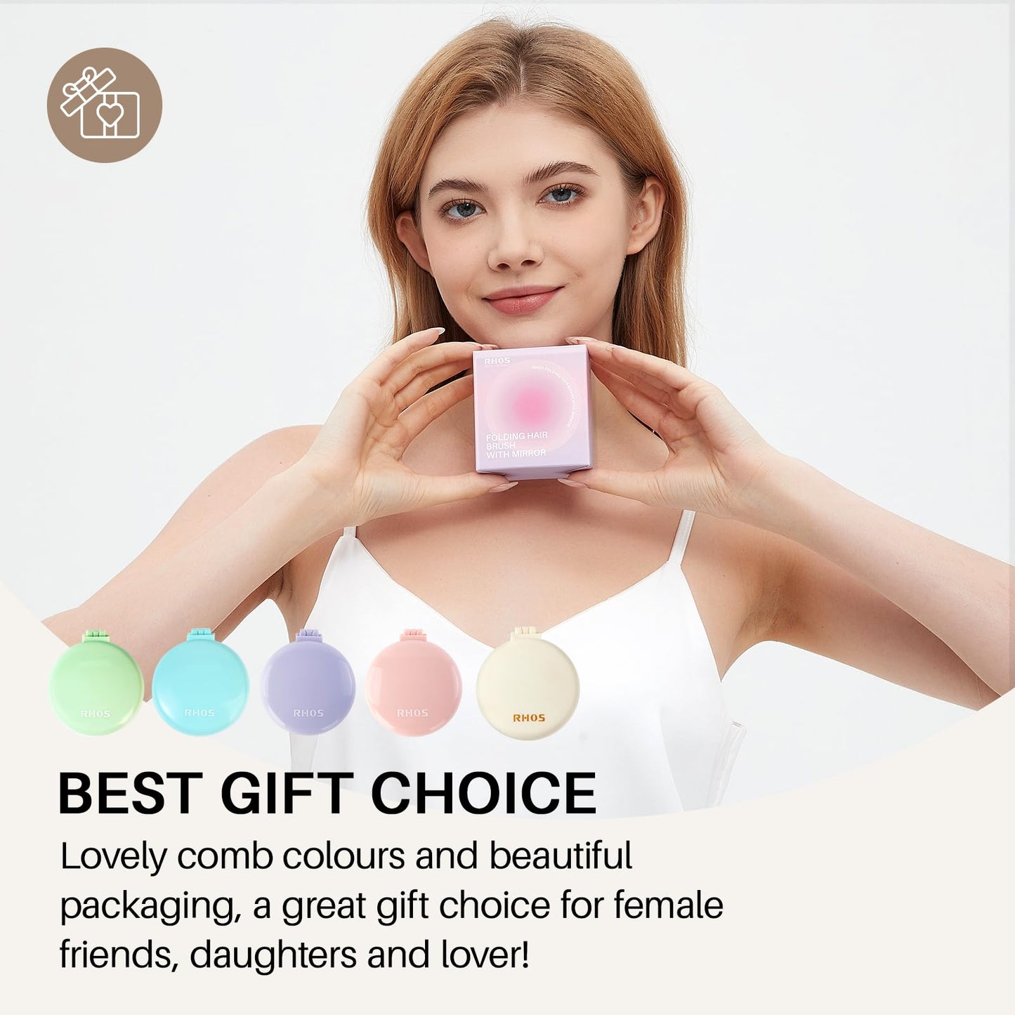 Round Folding Hairbrush with Mirror (Beige)