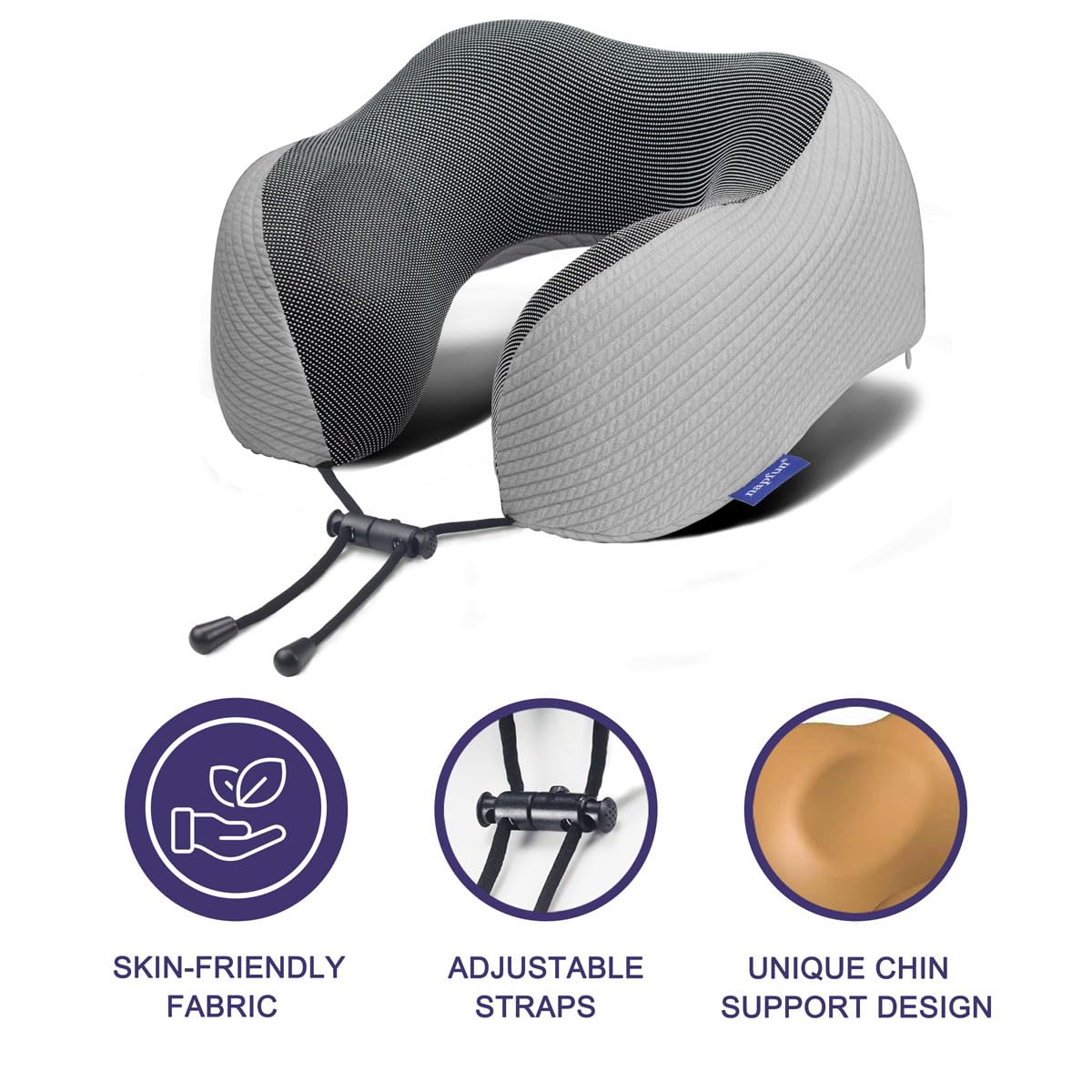 napfun Neck Pillow for Traveling, Upgraded Travel Neck Pillow for Airplane 100% Pure Memory Foam Travel Pillow for Flight Headrest Sleep, Portable Plane Accessories, Striped Light Grey