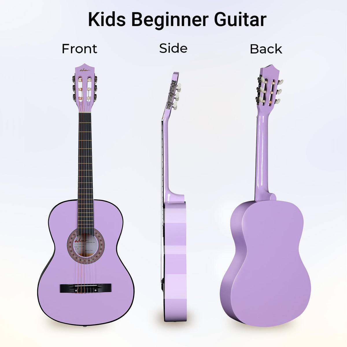ADM Beginner Acoustic Classical Guitar 38 Inch Nylon Strings Wooden Guitar Bundle Kit for Kid Boy Girl Student Youth Guitarra Online Lessons with Gig Bag, Strap, Tuner, Strings, Purple