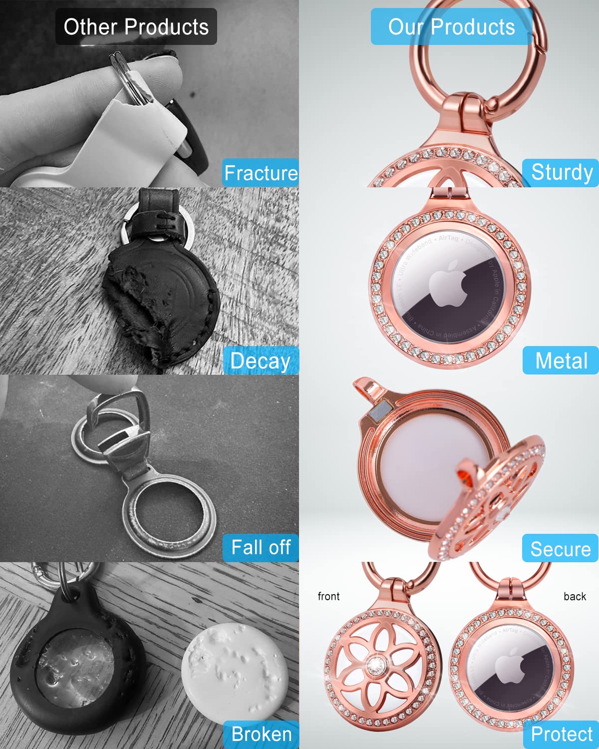 DEERLET Airtag Holder,Metal Badge Rhinestone Airtag Key Chain,Diamonds Shine Air Tag.Holder Keychain,Air Tag Key Chain Compatible Apple Air tag.Rose Gold