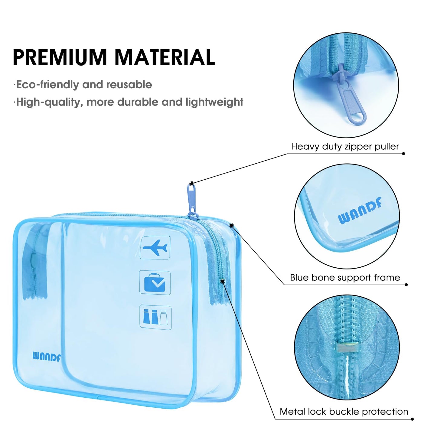 TSA Approved Clear Travel Toiletry Bag wih Zippers Carry-on Travel Accessories Quart Size Toiletries Cosmetic Pouch Makeup Bags for Men and Women Patent Pending (Blue)