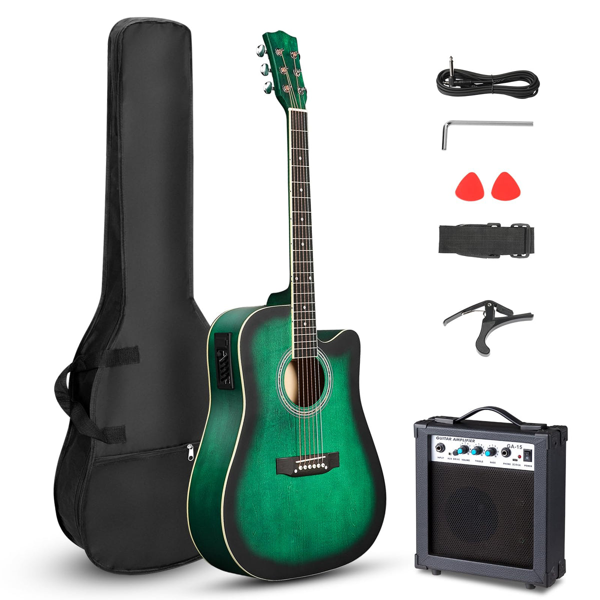Ktaxon Full-Size Cutaway Acoustic Electric Guitar with Amp, Matte Green