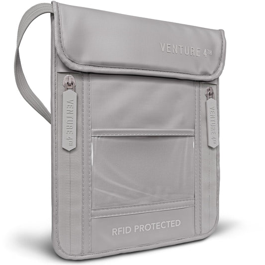 VENTURE 4TH Passport Holder Neck Wallet with RFID Blocking Nylon Lining - Hidden Neck Pouch for Travel (Sleek Silver)