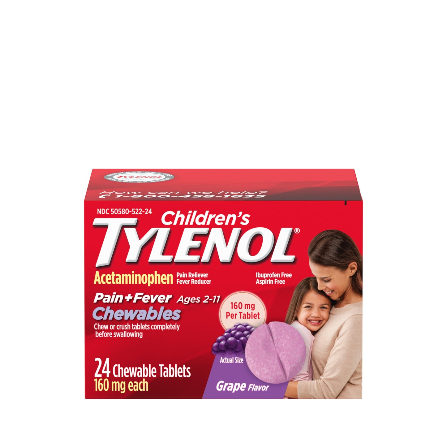 Tylenol Children's Chewables with 160 mg Acetaminophen, Pain Reliever & Fever Reducer for Kids' Cold + Flu Symptoms, Headache, Sore Throat & Toothache, Aspirin-Free, Grape Flavor, 24 ct