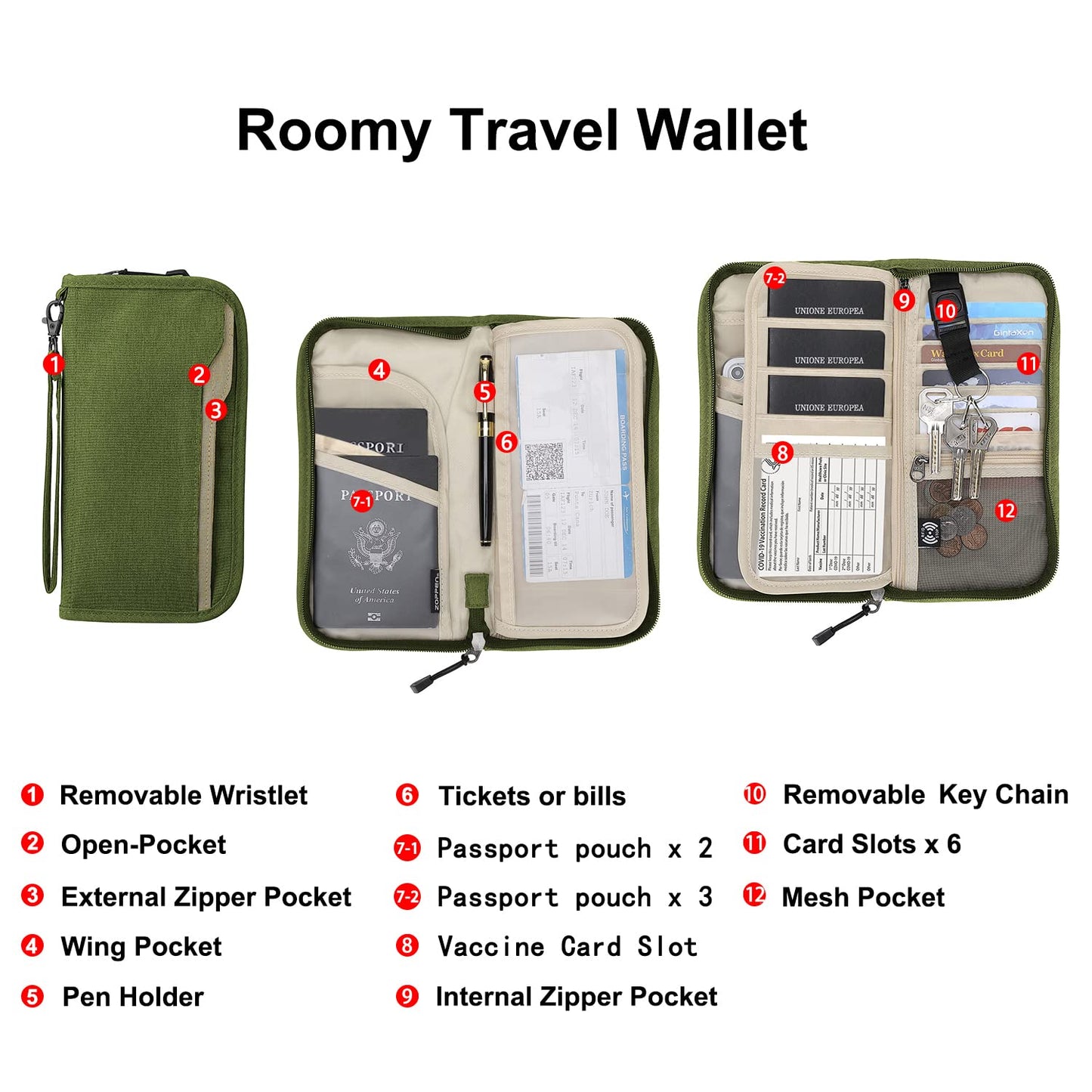 ZOPPEN Rfid Passport Holder Travel Wallet Family Documents Organizer Travel Accessories for 6 Passport, with Vaccine Card Slot Fits 4.3 X 3.5 inches Vaccine Card #06 Green