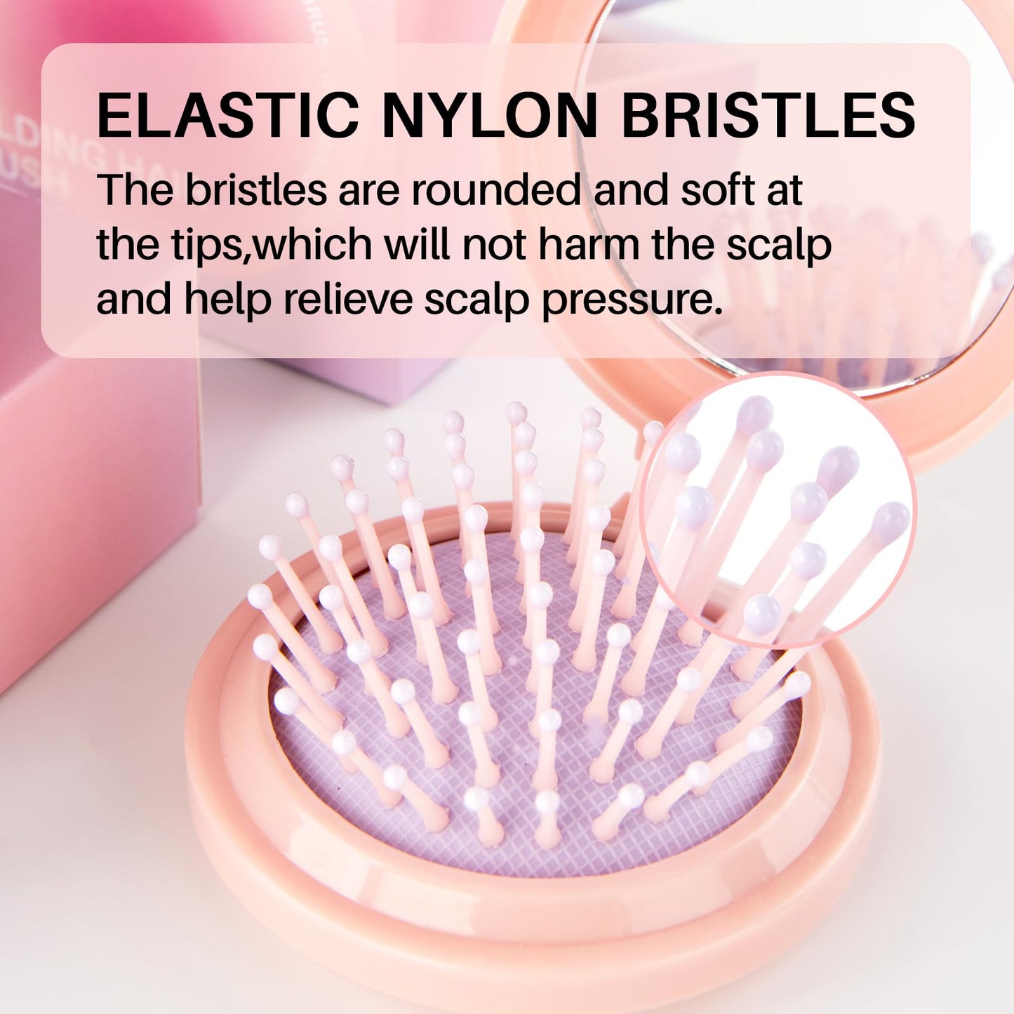 Round Folding Brush with Mirror (Pink)