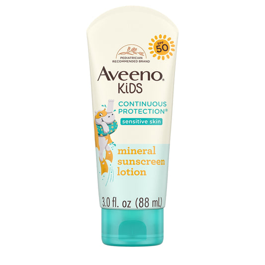 Aveeno Kids Continuous Protection Zinc Oxide Mineral Sunscreen Lotion for Children's Sensitive Skin with Broad Spectrum SPF 50, Tear-Free, Sweat- & Water-Resistant, Non-Greasy, 3 fl. oz