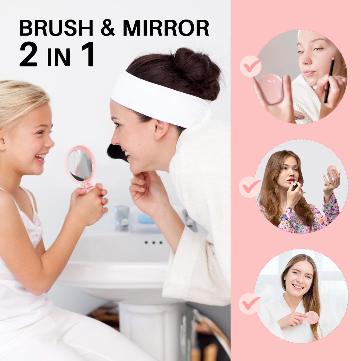 Round Folding Brush with Mirror (Pink)