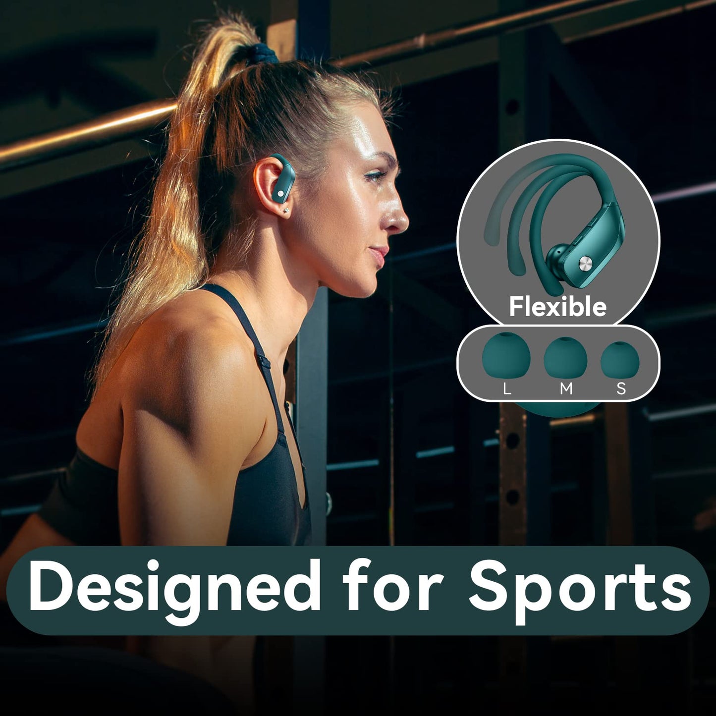 bmani Wireless Earbuds Bluetooth Headphones 48hrs Play Back Sport Earphones with LED Display Over-Ear Buds with Earhooks Built-in Mic Headset for Workout Green