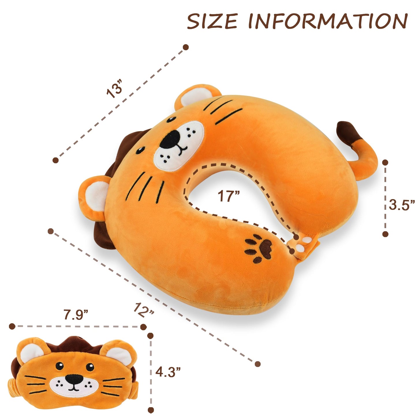 Sexysamba Cartoon Headrest & Neck Pillow for Kids Boys & Girls, Teens, Travel Accessories for Airplane, Car, Recline, Memory Foam Cute Travel Pillow with Sleep Eye Mask - Lion