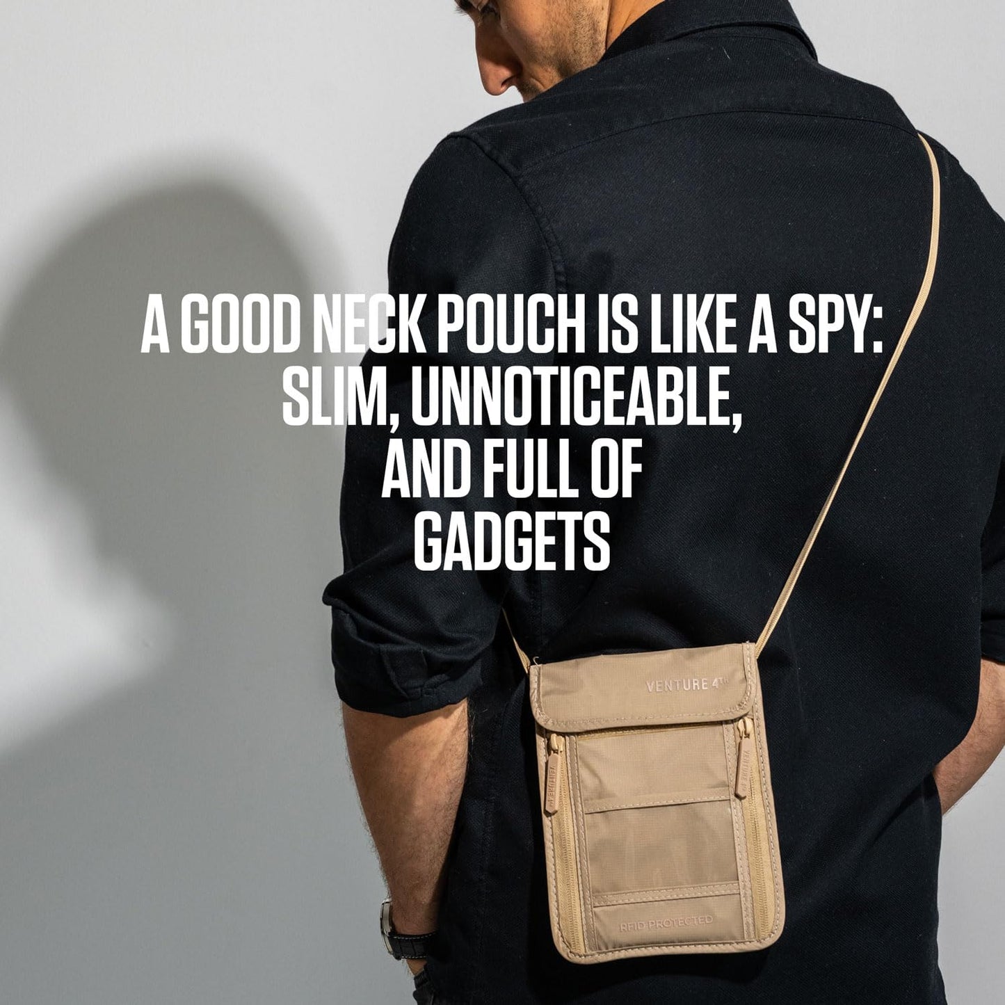 VENTURE 4TH Passport Holder Neck Wallet with RFID Blocking Nylon Lining - Hidden Neck Pouch for Travel (Sleek Silver)