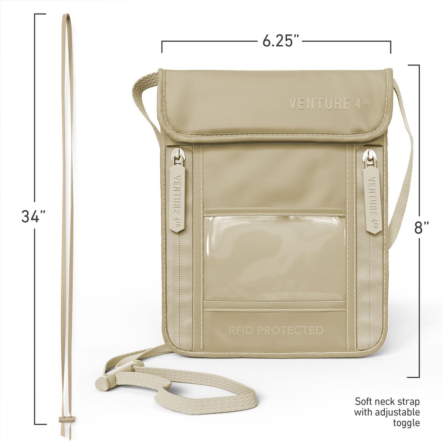 VENTURE 4TH Passport Holder Neck Wallet with RFID Blocking Nylon Lining - Hidden Neck Pouch for Travel (Sleek Beige)