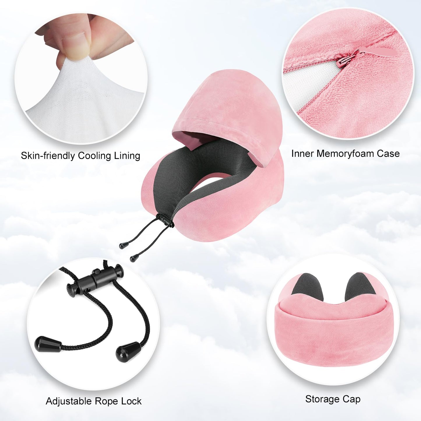 Cirorld Travel Pillow, Neck Pillow for Travel with Hood for Airplane, Velvet Memory Foam Neck Pillow Women Lady Head & Neck Support, for Long Flights Plane, Office, Cars Sleeping & Rest (Pink S)