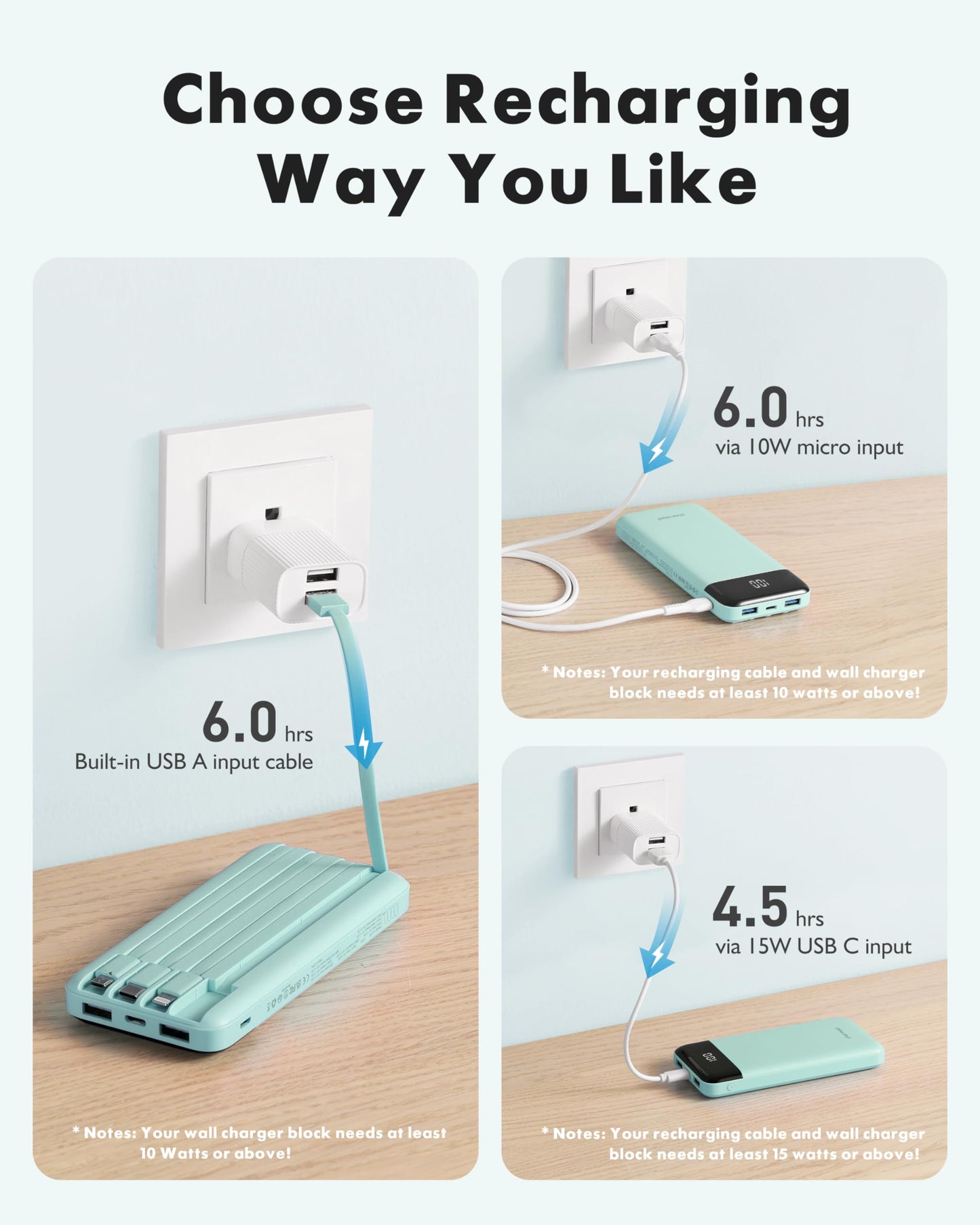 Portable Charger with Built in Cables, Portable Charger with Cords Wires Slim 10000mAh Travel Battery Pack 6 Outputs 3 Inputs 3A Fast Charging Power Bank for Samsung Google Pixel LG Moto iPhone iPad