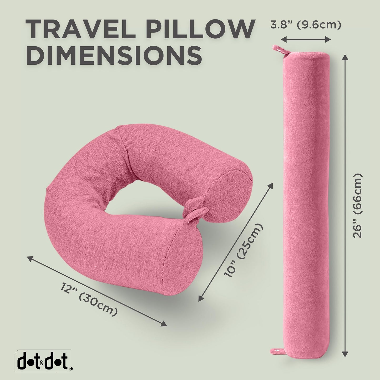 Dot&Dot Twist Memory Foam Travel Pillow for Airplanes - Travel Neck Pillow for Sleeping - Airplane Pillow for Neck Support, Chin, Lumbar and Leg - Adjustable, Bendable Neck Roll Pillow (Blush)