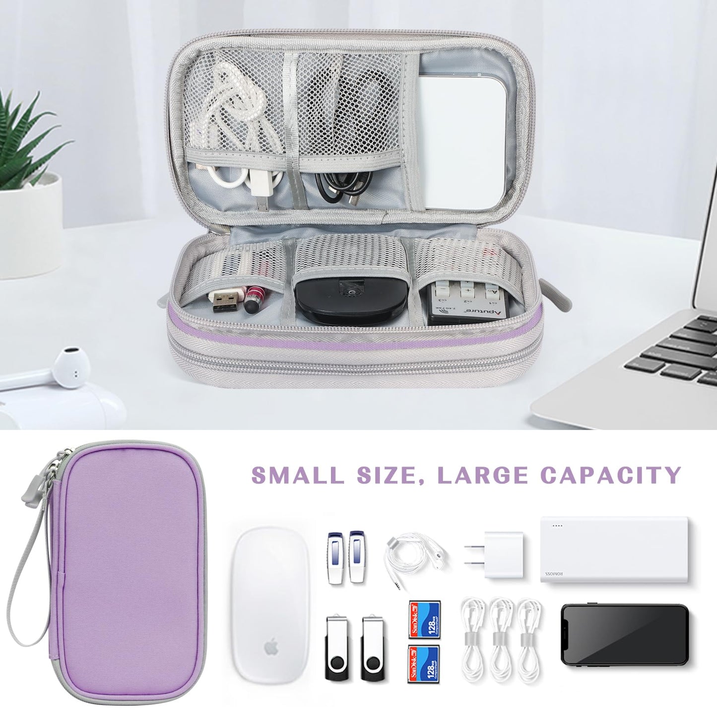 FYY Electronic Organizer, Travel Cable Organizer Bag Pouch Electronic Accessories Carry Case Portable Waterproof Double Layers Storage Bag for Cable, Charger, Phone, Medium Size- Light Purple