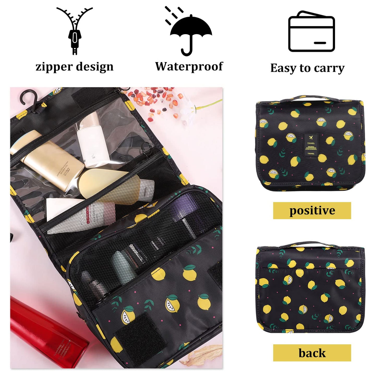 Pengxiaomei Toiletry Bag, Waterproof Hanging Cosmetic Bag Portable Travel Makeup Pouch athroom Bag Stocking Stuffers for Women Christmas Gifts(Black Lemon)