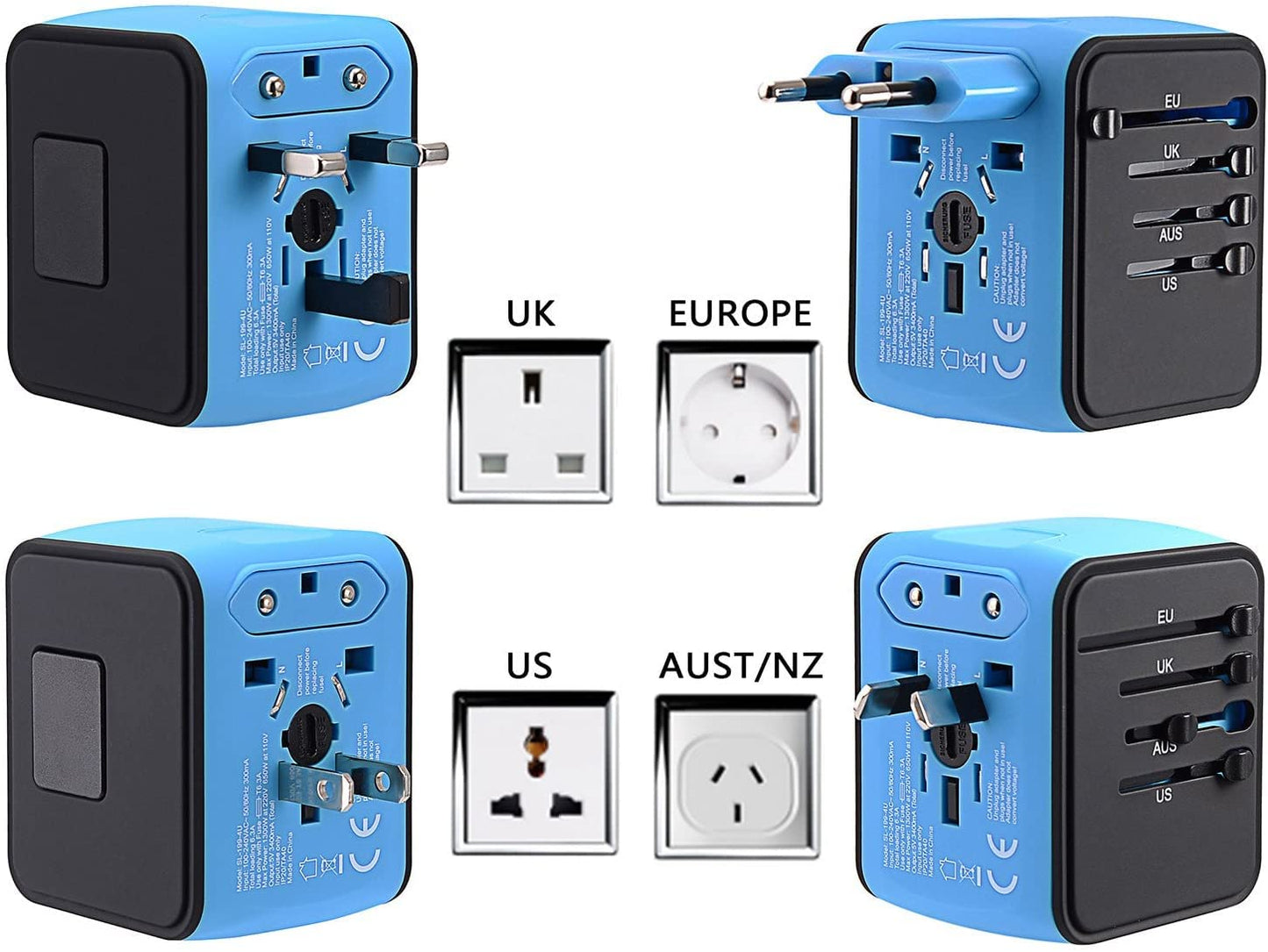 International Travel Adapter Universal Power Adapter Worldwide All in One 4 USB Perfect for European US, EU, UK, AU 160 Countries (Blue)