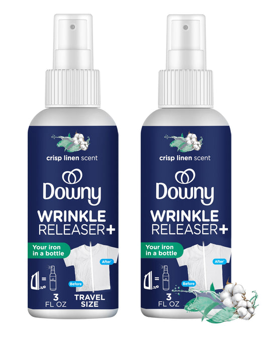 Downy Wrinkle Releaser Spray All In One Wrinkle Release Spray Travel Size, Odor Eliminator, Static Remover Fabric Refresher & Ironing Aid for Clothes 3 Fl Oz (Pack of 2), Crisp Linen Scent