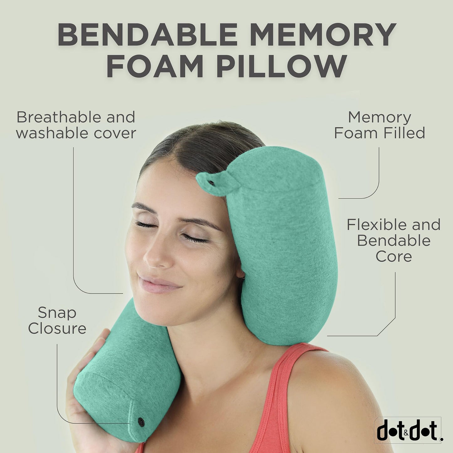 Dot&Dot Twist Memory Foam Travel Pillow for Airplanes - Travel Neck Pillow for Sleeping - Airplane Pillow for Neck Support - Adjustable, Bendable Neck Roll Pillow (Mint, One Size)