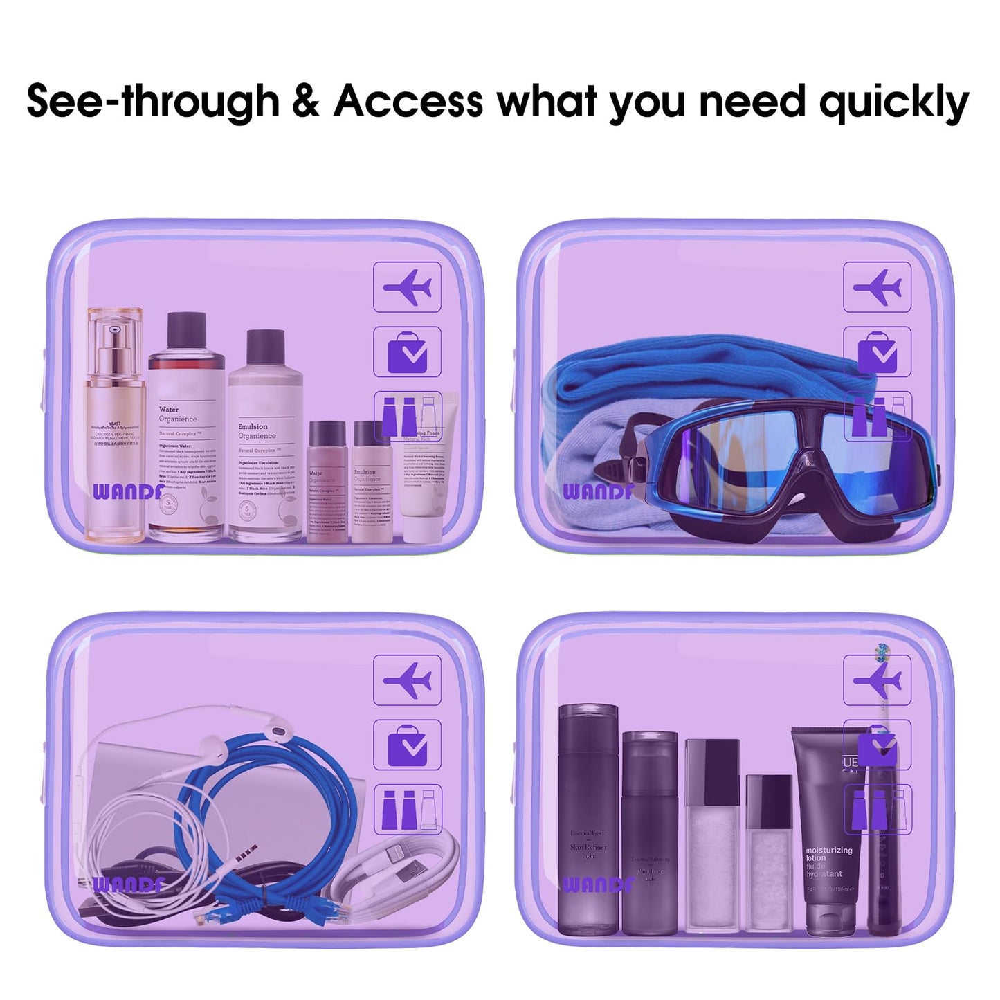 TSA Approved Clear Travel Toiletry Bag wih Zippers Carry-on Travel Accessories Quart Size Toiletries Cosmetic Pouch Makeup Bags for Men and Women Patent Pending (Purple)