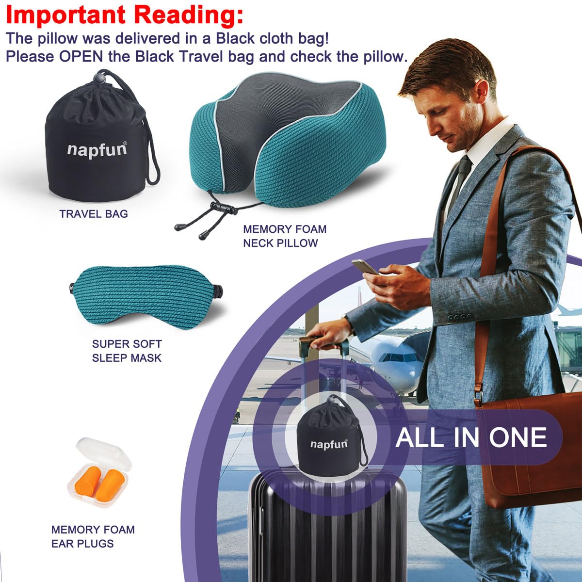 napfun Neck Pillow for Traveling, Upgraded Travel Neck Pillow for Airplane 100% Pure Memory Foam Travel Pillow for Flight Headrest Sleep, Portable Plane Accessories, Teal Set, Medium (120-200LB)