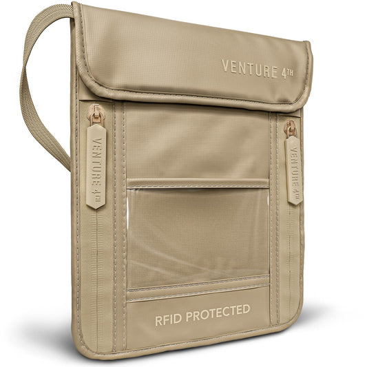 VENTURE 4TH Passport Holder Neck Wallet with RFID Blocking Nylon Lining - Hidden Neck Pouch for Travel (Sleek Beige)