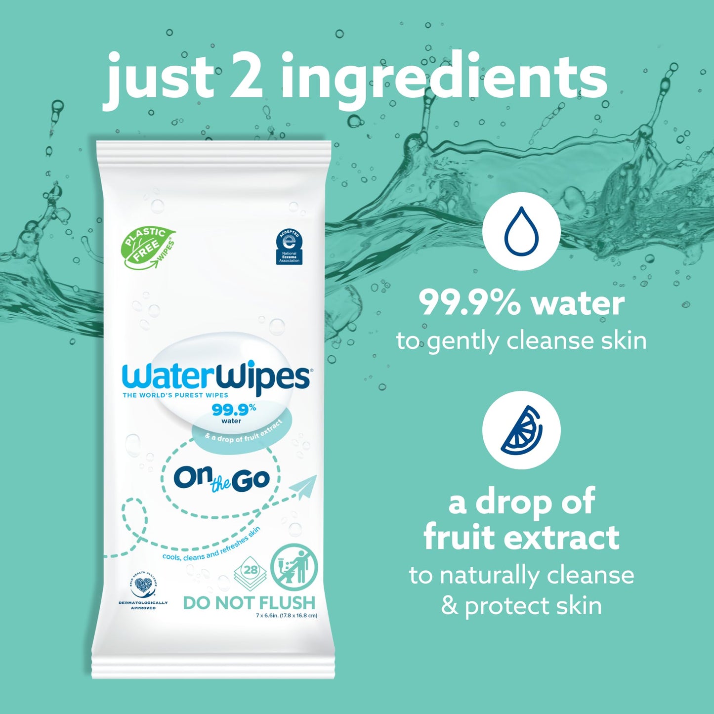 WaterWipes On The Go Wipes, 99.9% Water-Based Wipes for Travel, Sports, and to Refresh Skin, Unscented & Hypoallergenic, 28 Count (1 Pack)