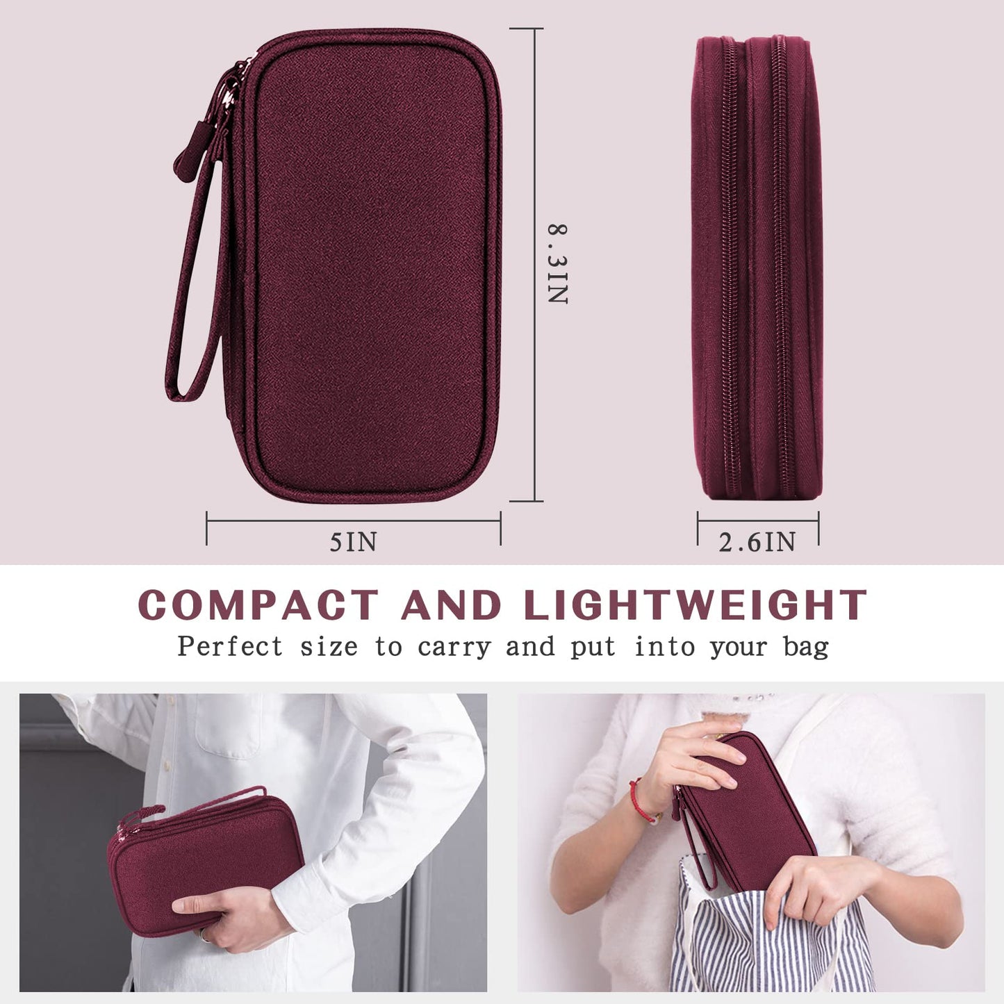 FYY Electronic Organizer, Travel Cable Organizer Bag Pouch Electronic Accessories Carry Case Portable Waterproof Double Layers Storage Bag for Cable, Charger, Phone, Earphone, Medium Size- Wine Red