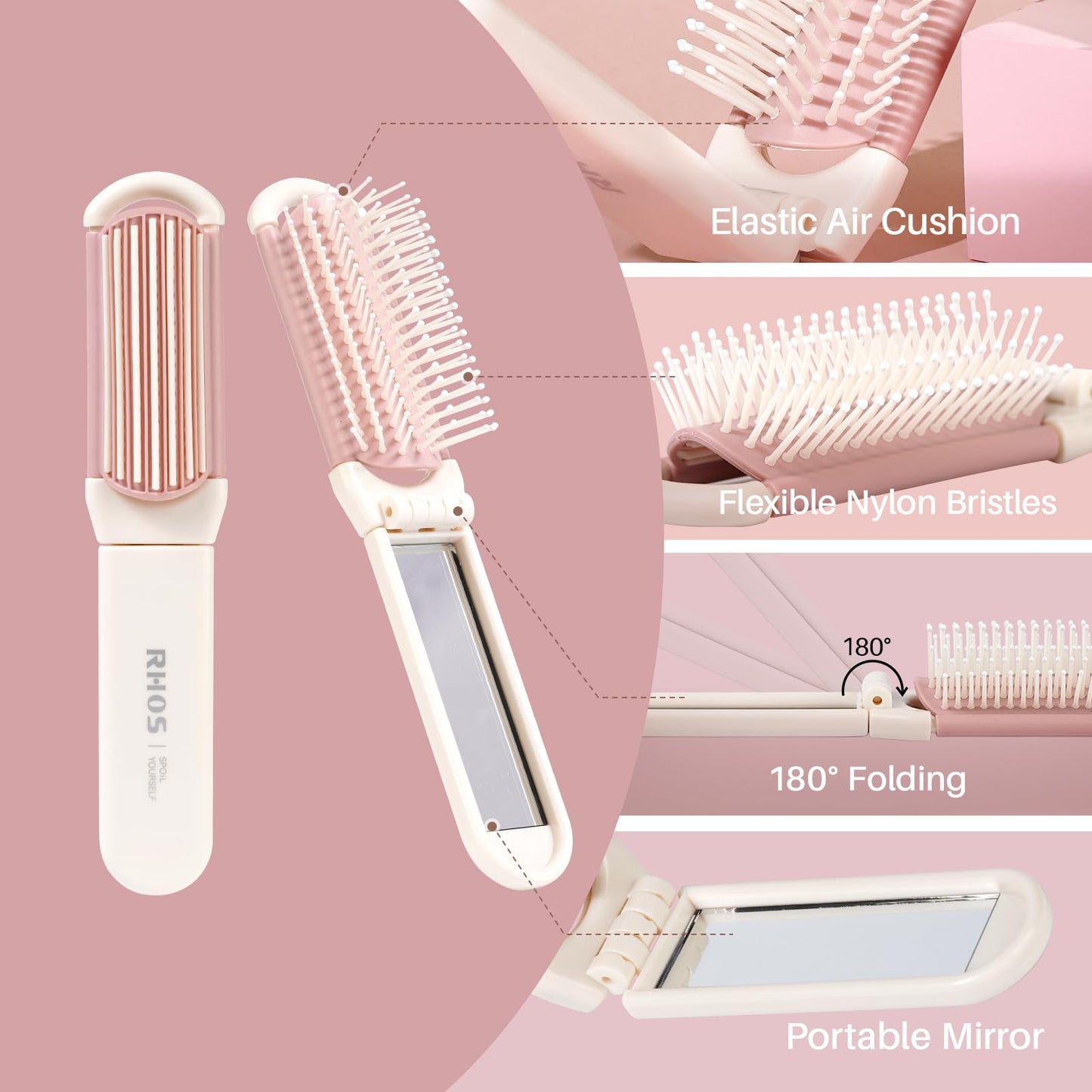 Folding Brush with Mirror (Beige)