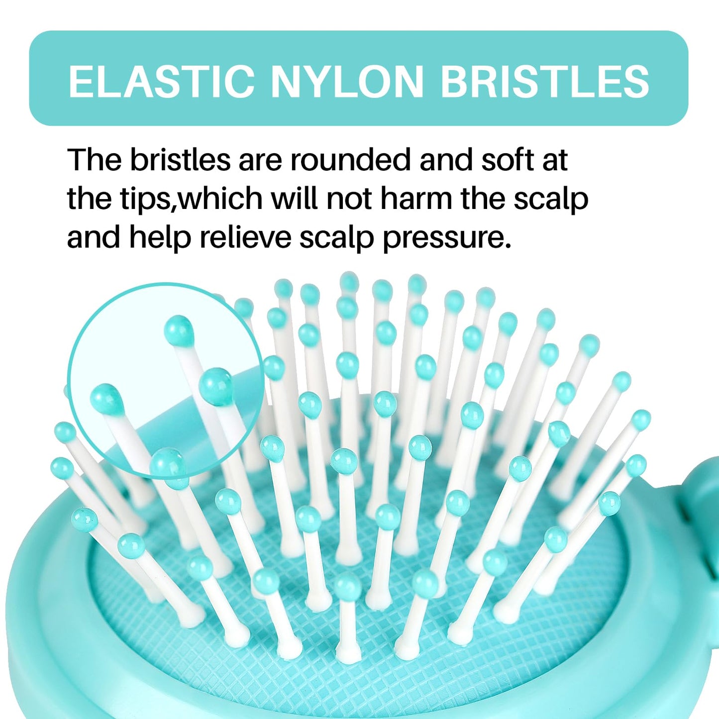 Round Folding Hairbrush with Mirror (Aqua Blue)