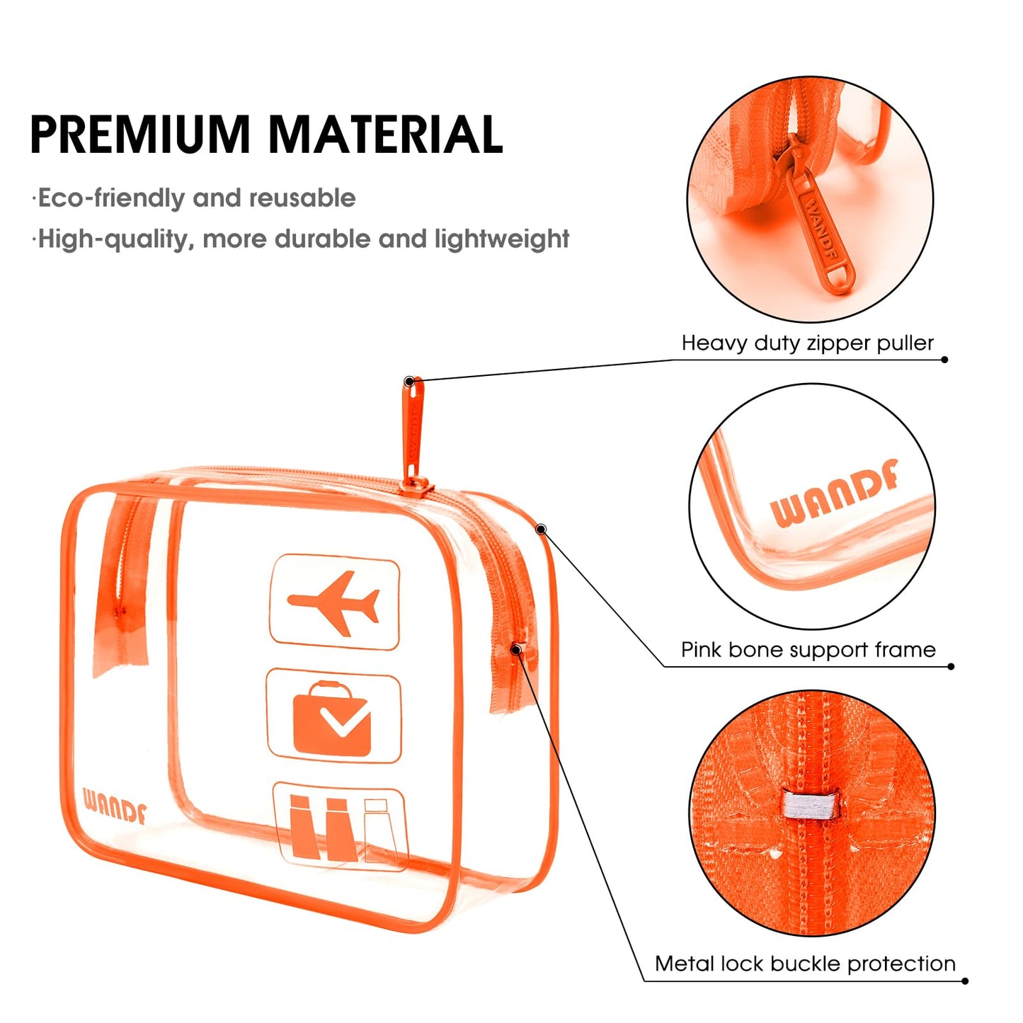 TSA Approved Clear Travel Toiletry Bag wih Zippers Carry-on Travel Accessories Quart Size Toiletries Cosmetic Pouch Makeup Bags for Men and Women (2pcs Orange)