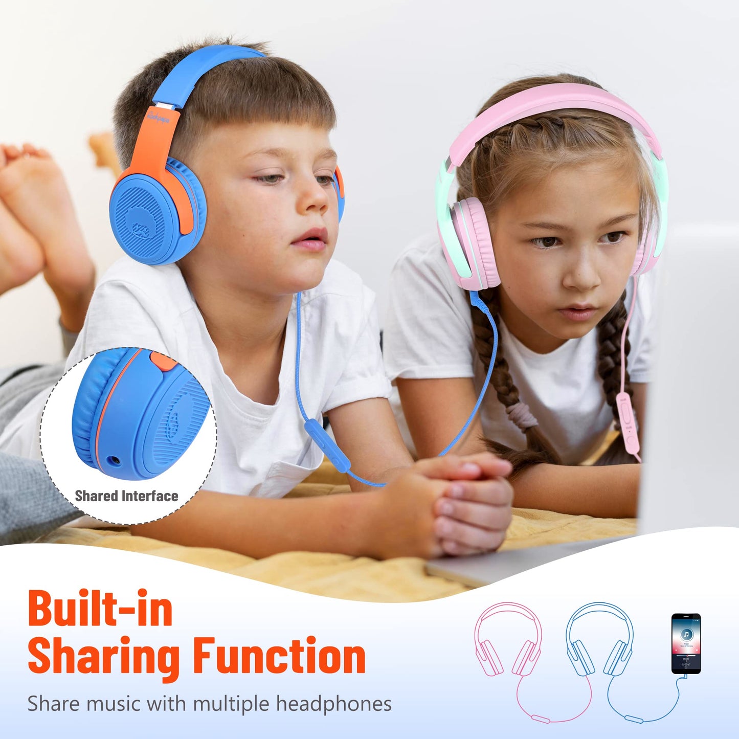 rockpapa Share 1 Kids Headphones Wired with Microphone & Share Port, 85dB/94dB Volume Limited, Cute Foldable Student Child Boys Girls Headphones for School/Classroom/Travel Blue/Orange