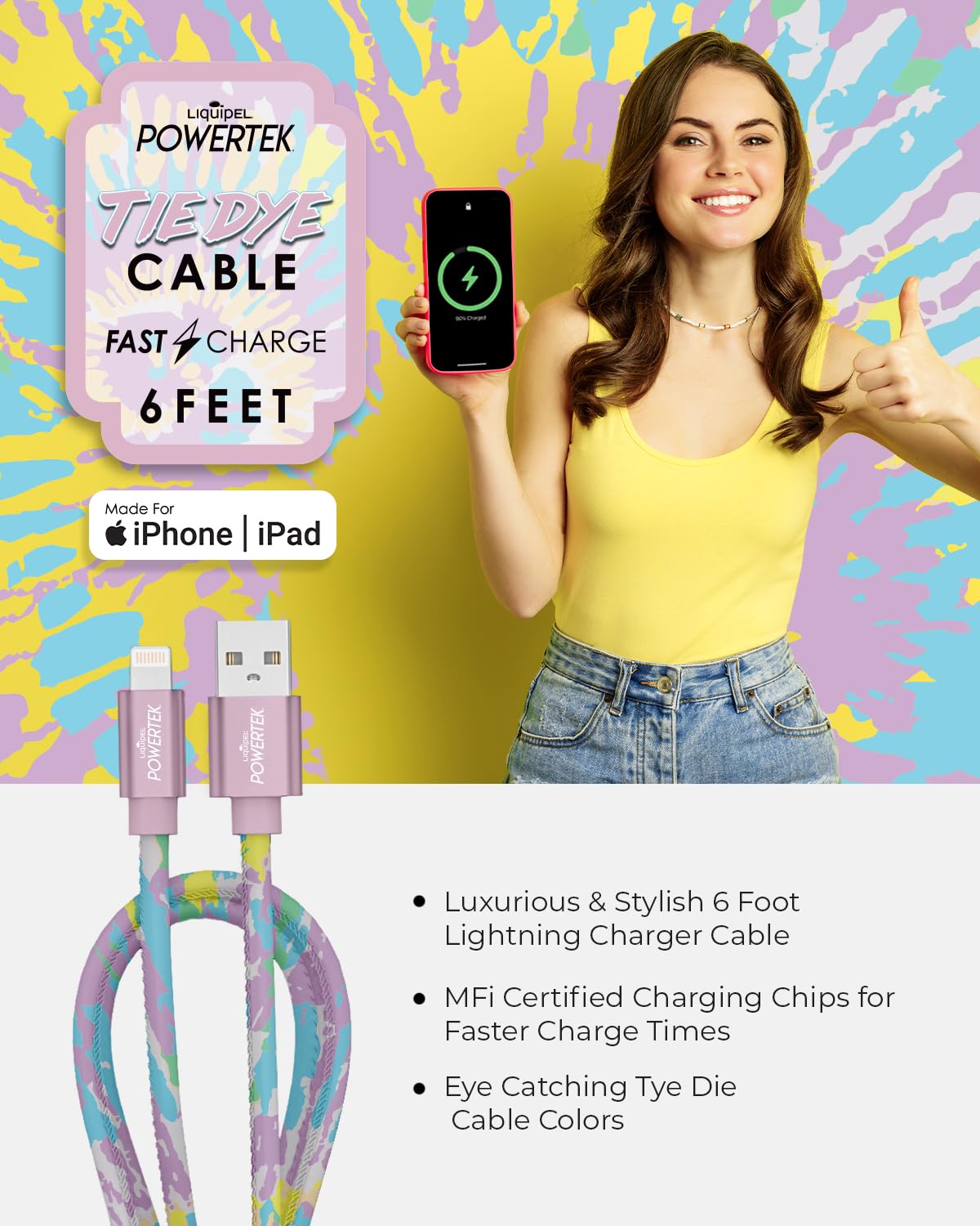 LIQUIPEL Powertek iPad & iPhone Lightning Charger Cable, Fast Charging 6ft MFI, Tie Dye Black (Rainbow)