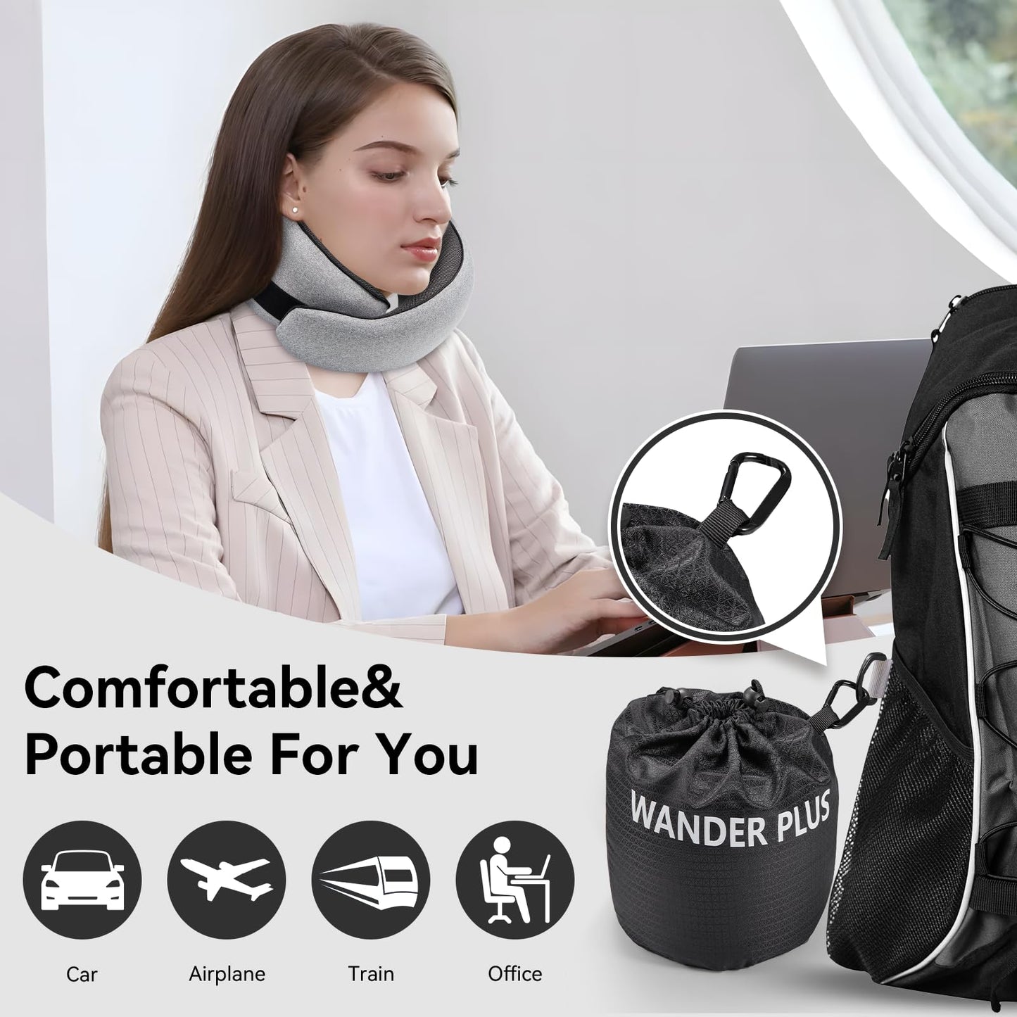 WANDER PLUS® Travel Pillow, 100% Pure Memory Foam Travel Neck Pillow Airplane Neck Support Ergonomic Design Best for Sleeping Plane Car Train Office Flight for Adults Grey